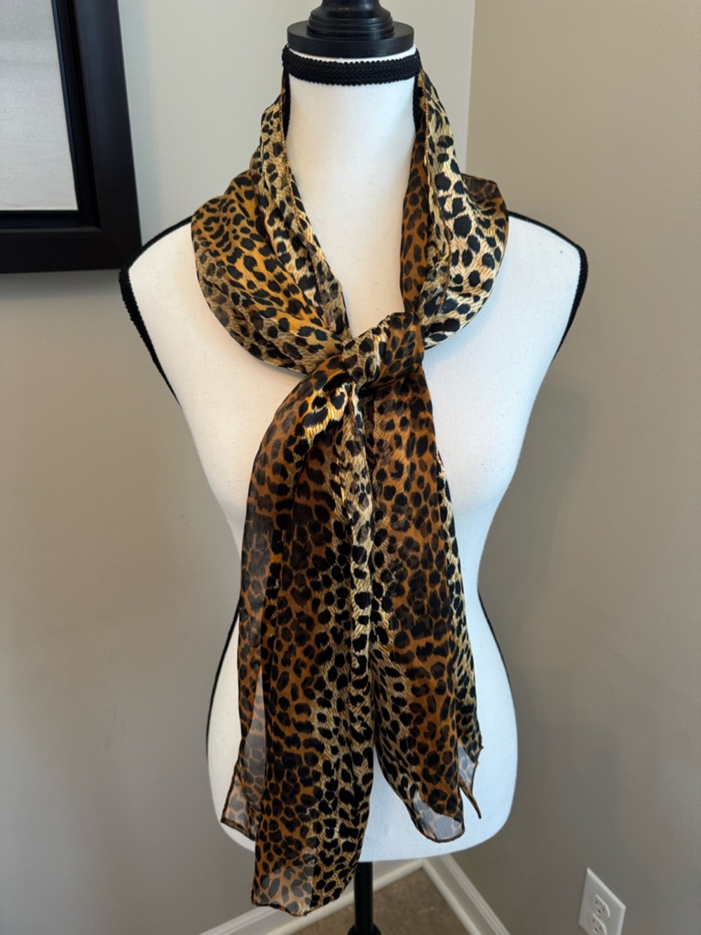 Vintage Leopard Print Sheer Chiffon Scarf Long Wrap Korea 60x13.5 Oblong